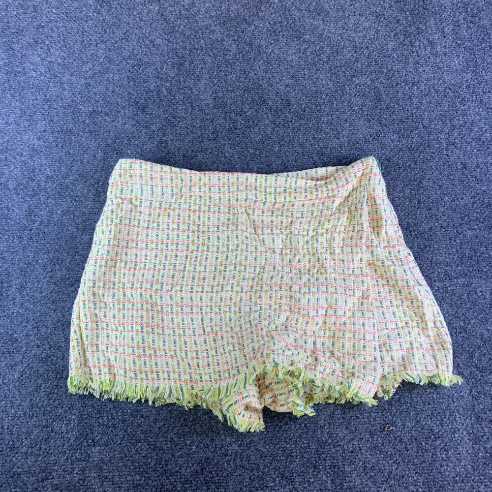 Zara Mini Envelope Wrap Skirt Skort Womens Large Multi Plaid Tweed Frayed Hem